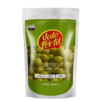 Arauco Green Olives with Pit Vale Fértil - 500g Doy Pack Box: 12 units